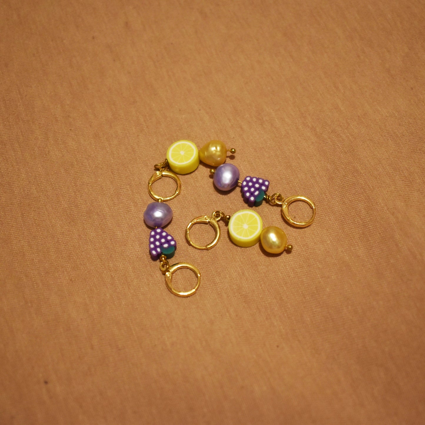 Gold freshwater pearl with lemon huggie earrings| by Ifemi Jewels